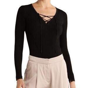 Jason Wu Criss Cross Tie Sweater Ribbed Knit Black Stretch Size M Quiet Luxury